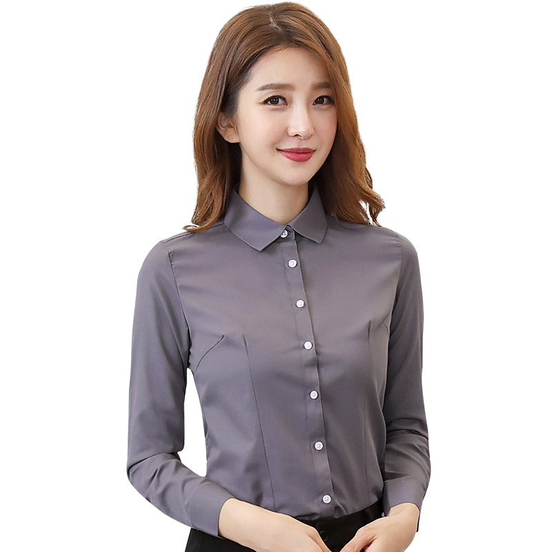 S-5xl Nữ Dài Tay Quần Áo Công Sở Áo Sơ Mi Nữ Màu Xám Trơn Trang Trọng Áo Đồng Phục