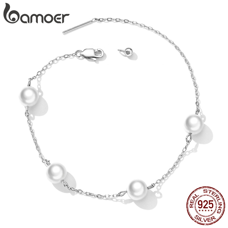 Vòng tay bạc 925 BAMOER 22cm đính ngọc trai nhân tạo thời trang cho nữ
