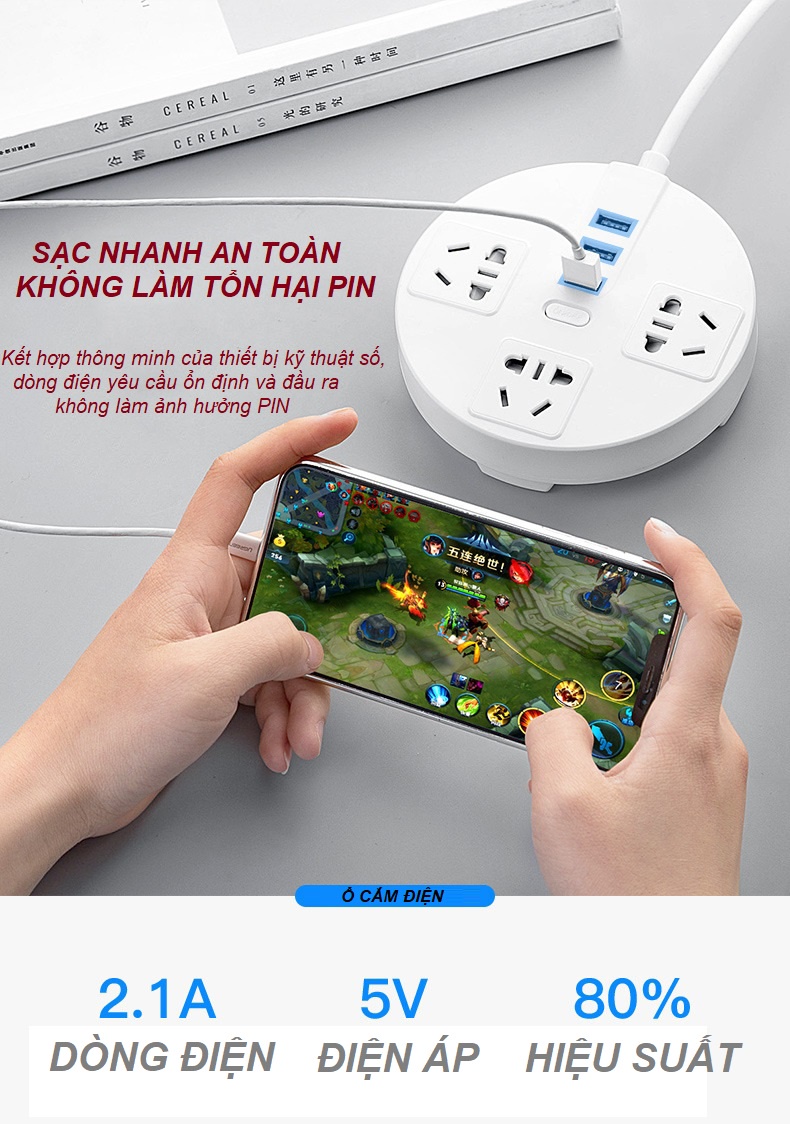 Mô tả Ổ cắm điện đa năng tròn HOKU tích hợp sạc USB, kèm giá để và điện thoại, chịu tải lớn dây dài 2,5m - OCD05 - 6
