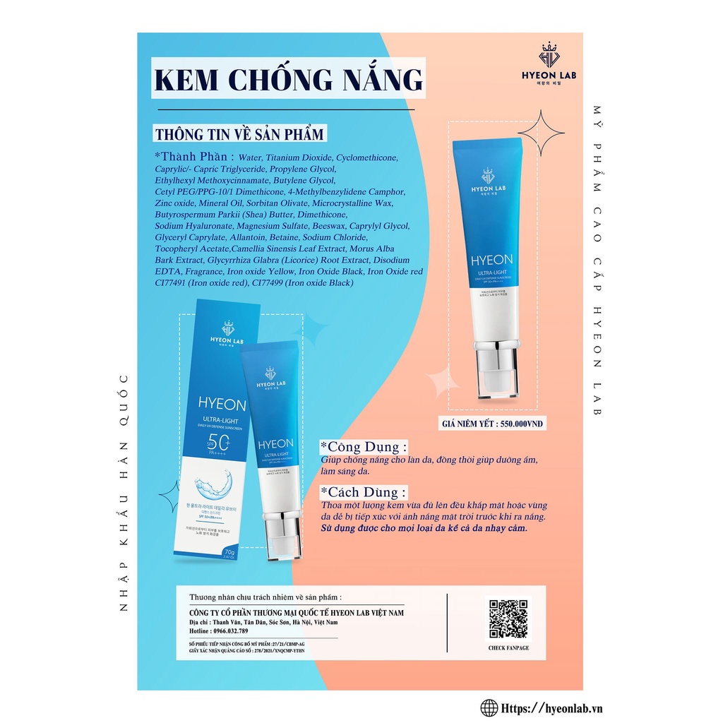 [ FREESHIP ] KEM CHỐNG NẮNG HYEON LAB 𝗦𝗣𝗙 𝟱𝟬+, 𝗣𝗔++++ Hyeon Ultra Light Daily UV Defense Sunscreen )