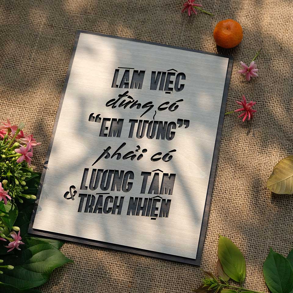 Tranh gỗ decor truyền cảm hứng "Làm việc đừng có em tưởng - Phải có lương tâm và trách nhiệm"