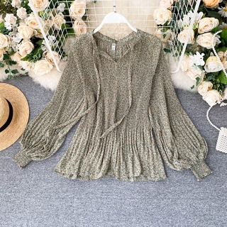 Phong cách hàn quốc nữ voan hoa dài tay áo baju baju wanita lengan panjang