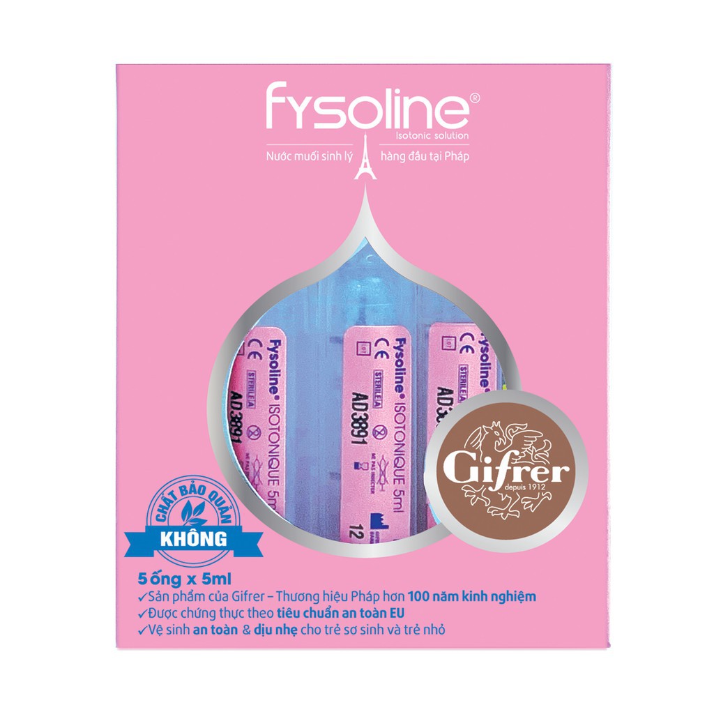 (Date T1.2027) Nước muối sinh lý Pháp Fysoline, Hộp 5 ống 5ml vệ sinh mắt, mũi, miệng cho bé sơ sinh