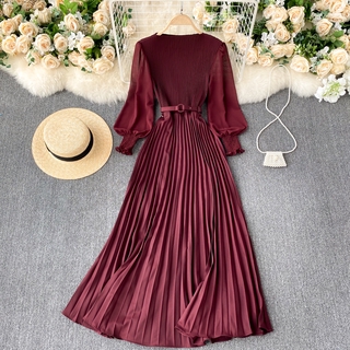Đầm maxi Vải Voan Dáng Ôm Tay Phồng Xếp Ly Phối Thắt Lưng Kiểu Hàn Quốc Thời Trang Dự Tiệc Cho Bạn Gái