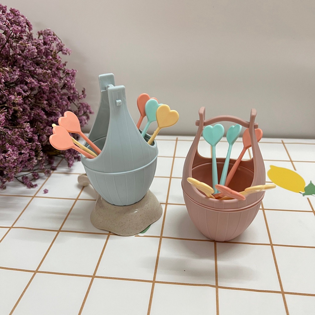 Bộ dĩa ăn trái cây Việt Nhật 3399 dễ thương hình trái tim ở cán cầm, Dĩa xiên hoa quả tiện lợi