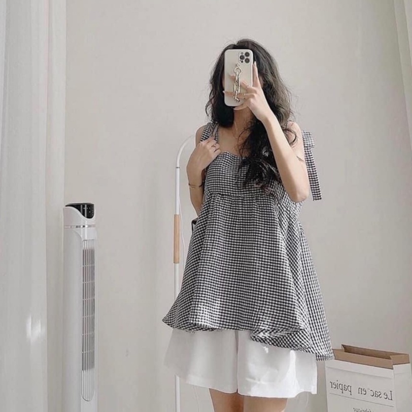 SQ002 Set áo hai dây buộc nơ phối quần sooc trắng Ulzzang, áo BabyDoll BBD Hàn Quốc kẻ caro và quần short siêu cute