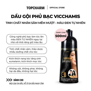 Dầu gội phủ bạc VICCHAMIS màu đen, dầu gội nhân sâm GỘI LÀ ĐEN mềm mượt tóc - Chai 500ml - TOPCHARM