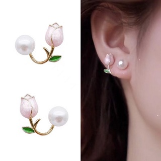 Bông Tai Kim Loại Hình Hoa Tulip Đính Ngọc Trai Phong Cách Nhật Hàn Thanh