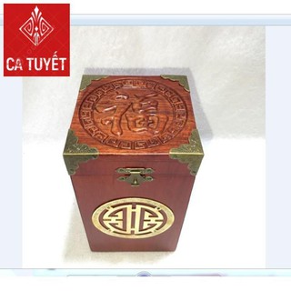 HỘP ĐỰNG CHÈ VUÔNG GỖ HƯƠNG VÂN CHỮ PHÚC - LOẠI CAO 18CM (ẢNH THẬT)