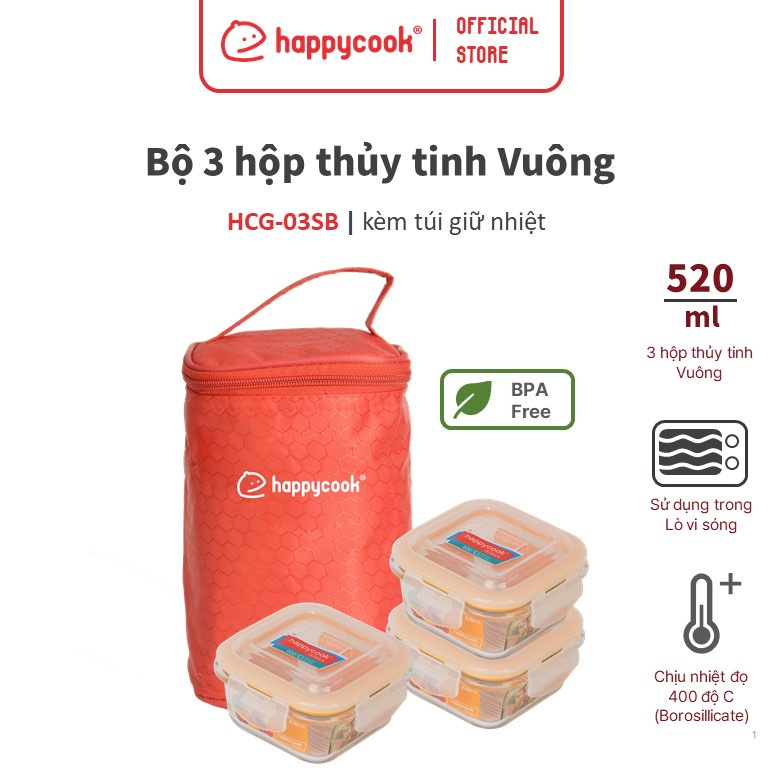 Bộ Hộp Thủy Tinh Vuông 320ml kèm Túi Giữ Nhiệt Happy Cook HCG-03S1