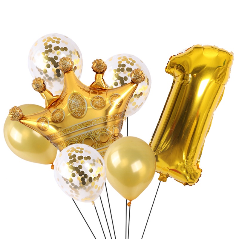 Set bóng vương miện, bóng kim tuyến, bóng nhũ và số màu vàng gold phong cách hiện đại trang trí sinh nhật - K145