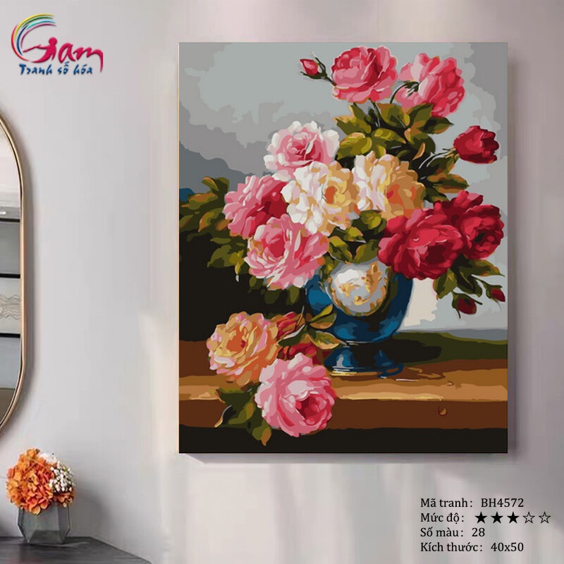 Tranh tô màu theo số hoa hồng GAM trang trí treo tường nâng cấp lọ màu to 5ml kèm 2 bộ cọ BH4572
