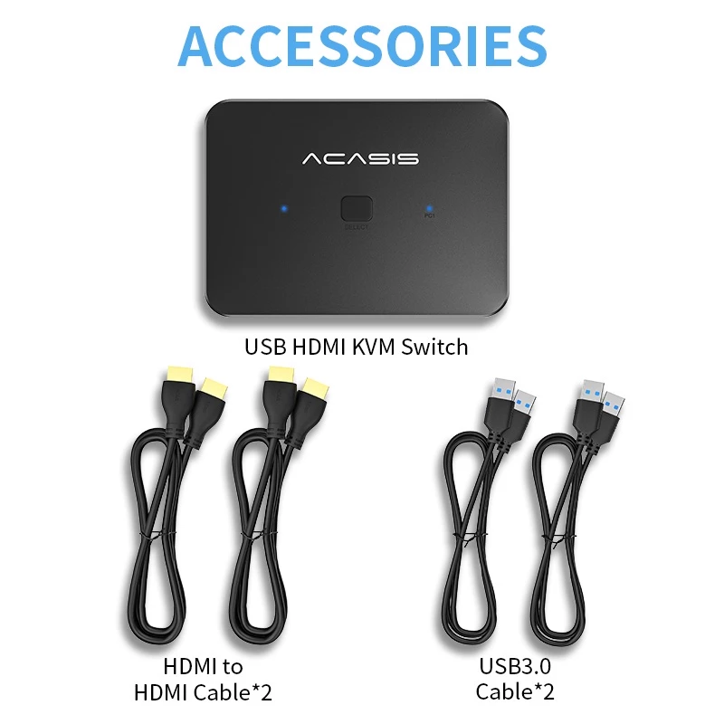 Acasis usb hdmi kvm switch 2 in 1 out 4k60hz hdmi switcher and extended usb3.0 hub manual sharing bo