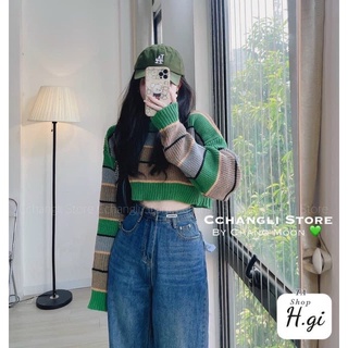 Áo len phối xanh croptop dài tay thu đông dáng rộng ALD24