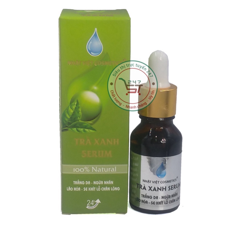 Serum dưỡng Trắng da mặt Ngừa nhăn Lão hóa Se khít lỗ chân lông Trà xanh serum Nhật Việt 15ml (Xanh nhạt)