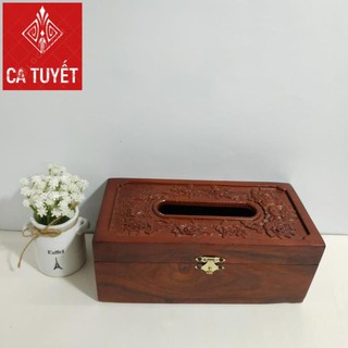 Hộp đựng giấy ăn GỖ HƯƠNG chạm khắc hoa hồng leo có viền( LOẠI TO - ẢNH THẬT)
