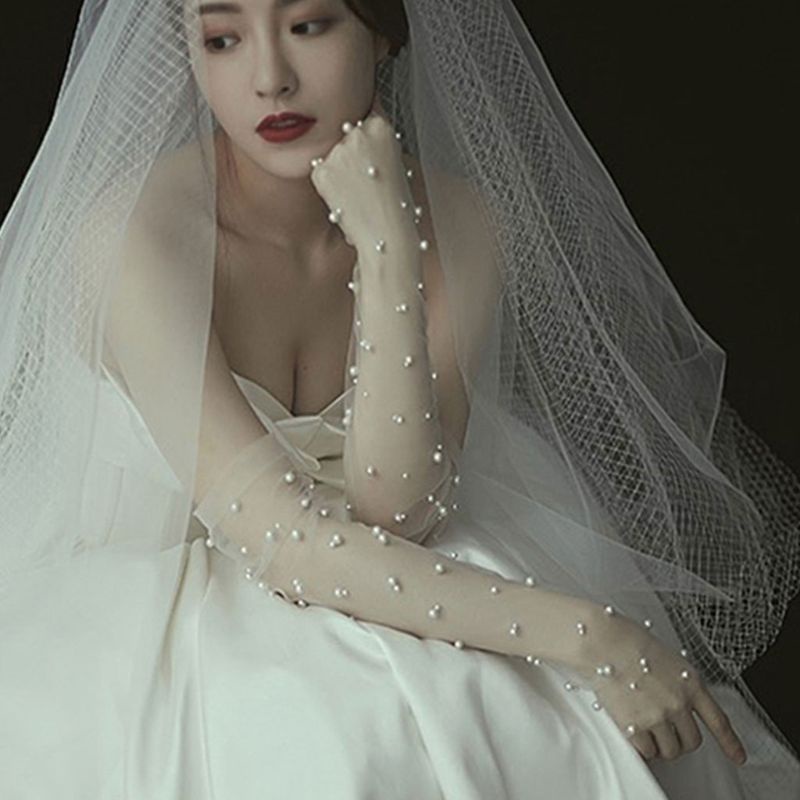 Găng Tay Lưới Hở Ngón Đính Ngọc Trai Xinh Xắn Cho Nữ