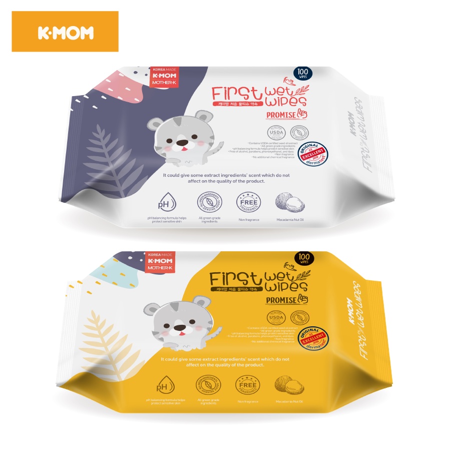 Khăn ướt cao cấp K-Mom Hàn Quốc chất liệu cotton tự nhiên siêu mềm gói 100 chiếc