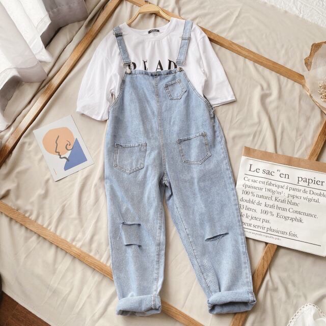 Yếm jean dài nữ JL JohnsonLi , rách gối, vải mềm mịn, không ra màu, không co giãn phong cách ulzzang spe