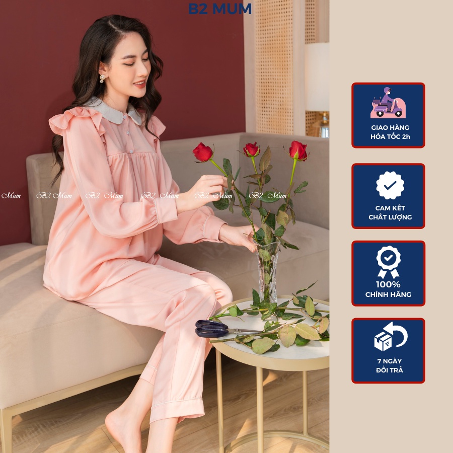 Bộ bầu và sau sinh chất lụa cao cấp quần có chun chỉnh áo có khóa bé ti vai bèo B307/B425 B2 MUM