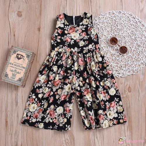 9M-5Y Trẻ Em Bé Gái Mùa Hè Dây Kéo Lưng Áo liền quần, Chân Rộng Họa Tiết Hoa Cổ Tròn Không Tay Một Mảnh Quần Áo Dài Rời