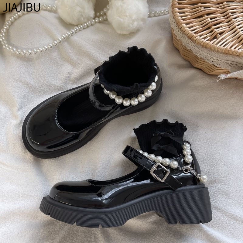 Size 35-44 Giày Lolita Màu Đen Phong Cách Hàn Quốc Thời Trang Giày Nữ Cỡ Lớn Giày Da Học Sinh Japanese Versatile Lolita Mary Jane Shoes British College Style Platform Small Leather Shoes Giày Công Chúa Đế Mềm Ngọc Trai Pháp Giày Cosplay Beige Doll Shoes