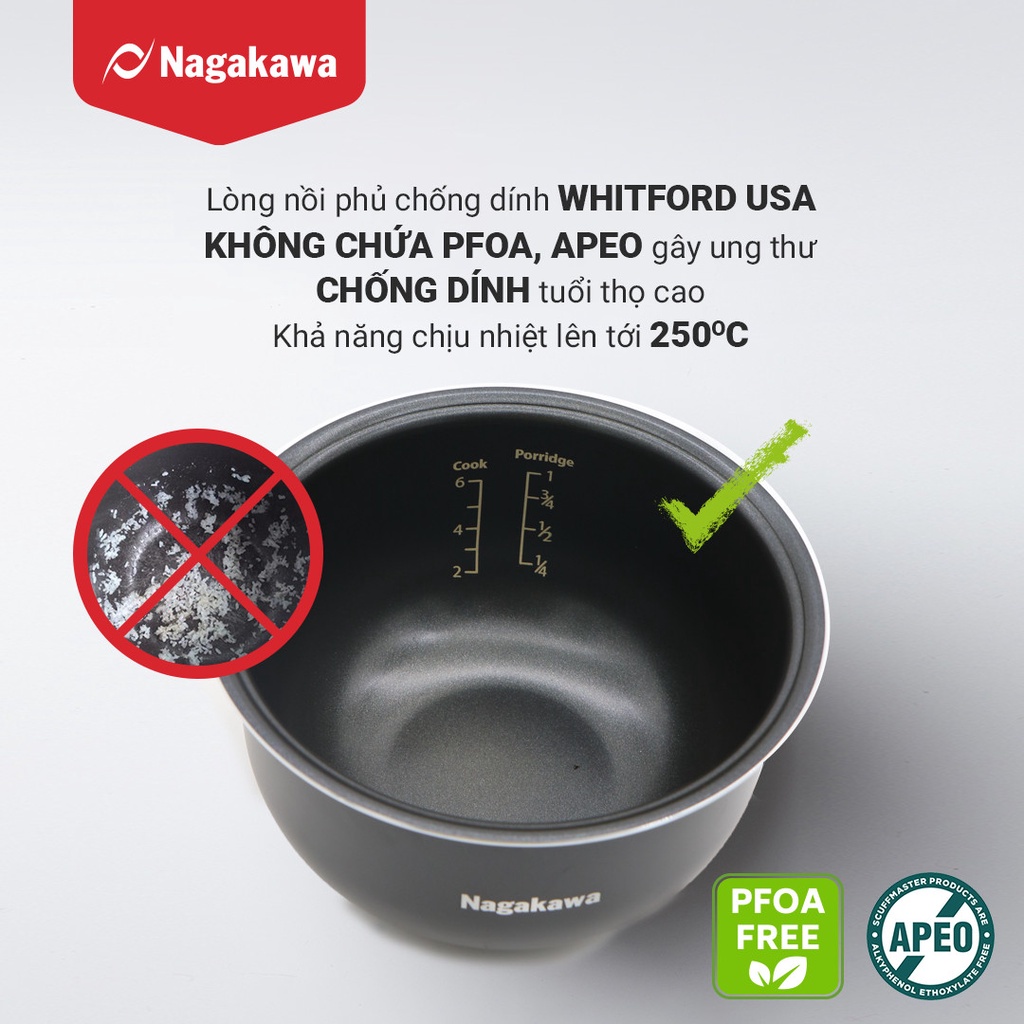 Mô tả Nồi cơm điện cảm ứng Nagakawa NAG0136 (1.2L - 500W) - Tích hợp 11 chương trình nấu - Bảo hành 12 tháng - Trắng Đen - 6