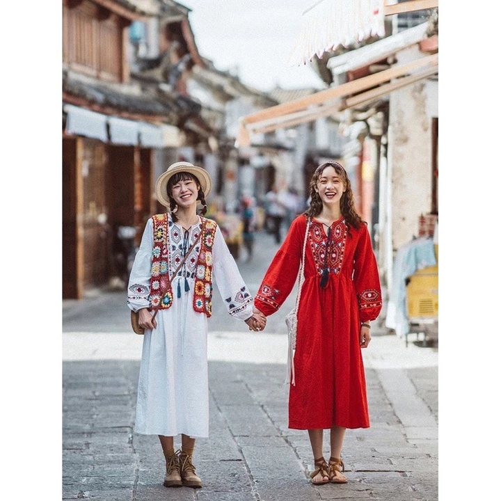 (Sẵn) Váy boho váy bohemian thổ cẩm thêu sắc nét có ảnh thật