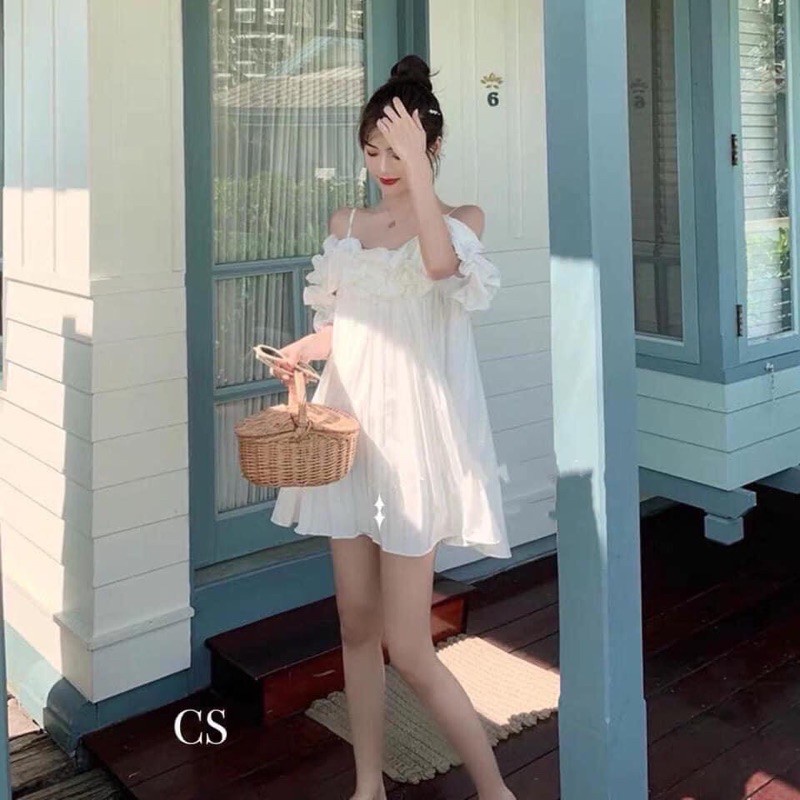 SUV005 Váy 2 dây viền bèo dáng xòe xếp ly Đầm nữ trắn đen 2s đi chơi tiệc sexy babydoll cute tiểu thư bánh bèo công chúa