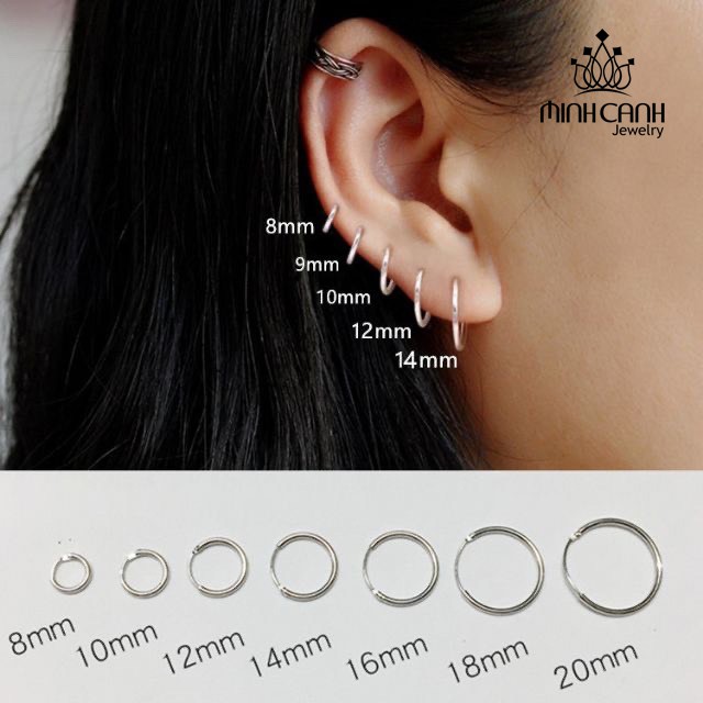 Ảnh Khuyên Tai Bạc Tròn Trơn Basic Nhiều Size 12 mm 14mm 16mm 18mm 20mm - Minh Canh Jewelry 3