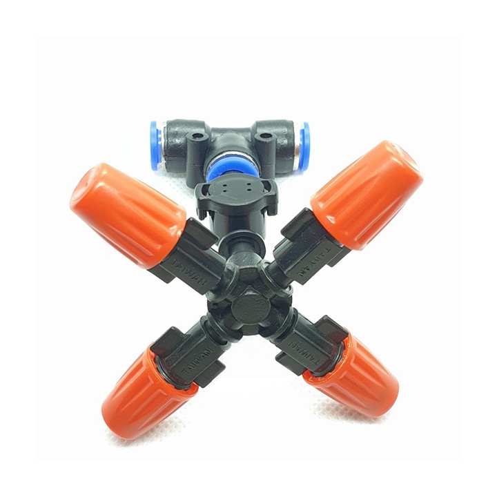 50 Bộ béc tưới phun sương 4 hướng cam kèm tê nối nhanh ống 8mm (tùy chọn van chống rỉ nước)