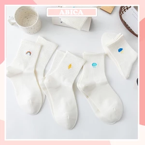 Tất vớ cổ cao nữ trắng nhún phong cách Hàn Quốc thêu hình thời tiết cute xinh xắn chất vải mềm thoáng khí ABICA TD051