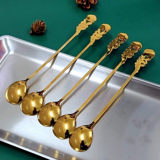 Set 5 Thìa HOA HỒNG INOX 304  Màu Vàng ,Cán Dài,Dập Hình Cành Hoa Hồng Độc Đáo