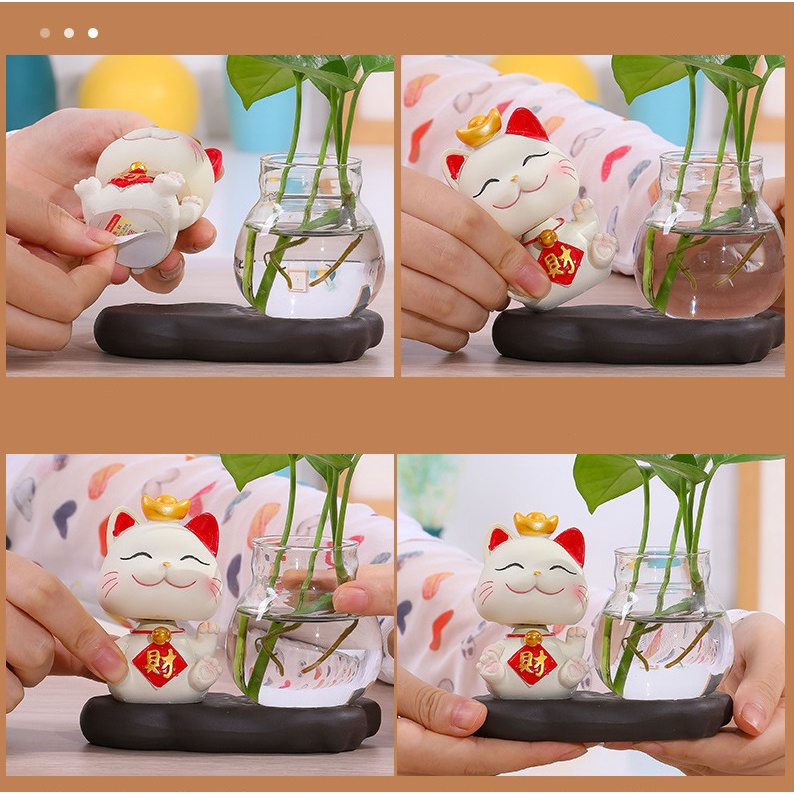Bộ decor Mèo thần tài may mắn kết hợp cùng bình thủy sinh trang trí nhà, bàn làm việc góc học tập giúp mang lại may mắn
