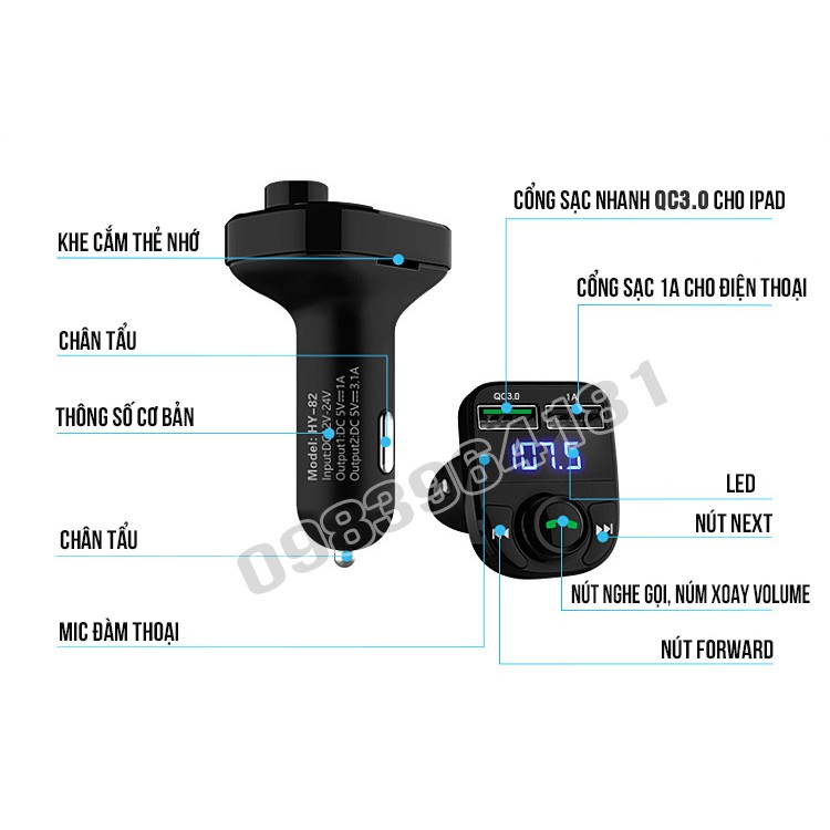 Tẩu sạc oto, xe hơi USB cao cấp Hyundai HY-82 (đa chức năng - có nút điện thoại rảnh tay cho lái xe)
