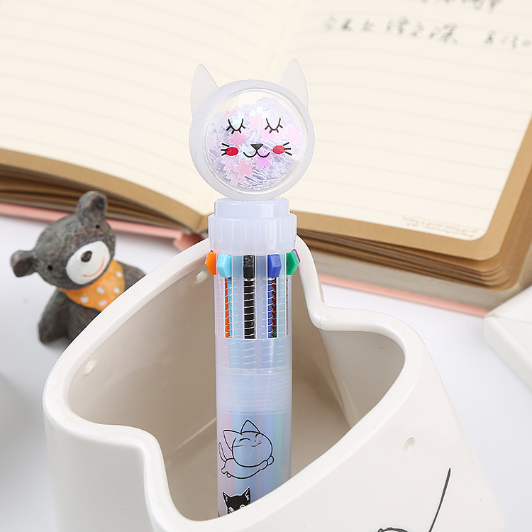 3 Bút Bi Bấm 10 Màu Nhũ Chảy Đầu Hình Mèo Xinh