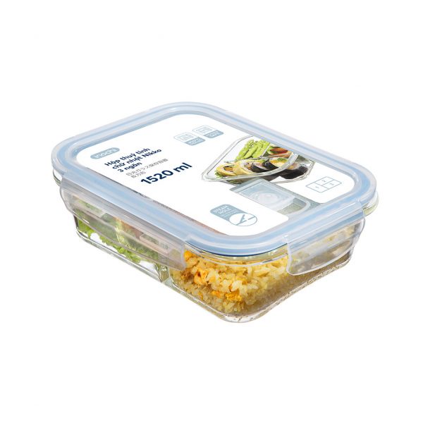 Ảnh Hộp thủy tinh chữ nhật 3 ngăn 1520 ml, đựng thức ăn văn phòng, thực phẩm, sử dụng được trong lò vi sóng 3