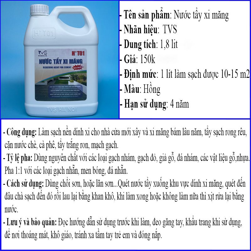 Ảnh Nước Tẩy Xi Măng TVS Tẩy Ron Gạch, Rong Rêu Bụi Bẩn Trên Gạch Đá, Nhựa Kính, Gỗ 1.8L 2