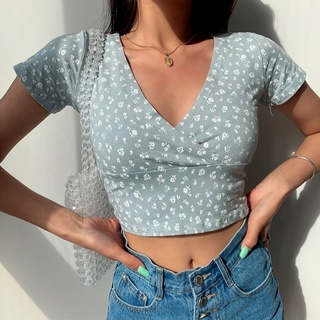 Áo Thun Ôm Cổ Chữ v In Họa Tiết Hoa Phong Cách Retro Thời Trang Mới Cho Nữ