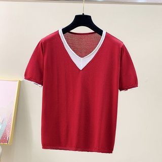 Quần áo nữ ngắn tay ngắn 2022 Quần áo nữ mùa hè hợp thời trang Ice Silk Phong cách phương Tây Áo dệt kim dáng rộng phiên bản ngắn Áo thun nữ hàng đầu