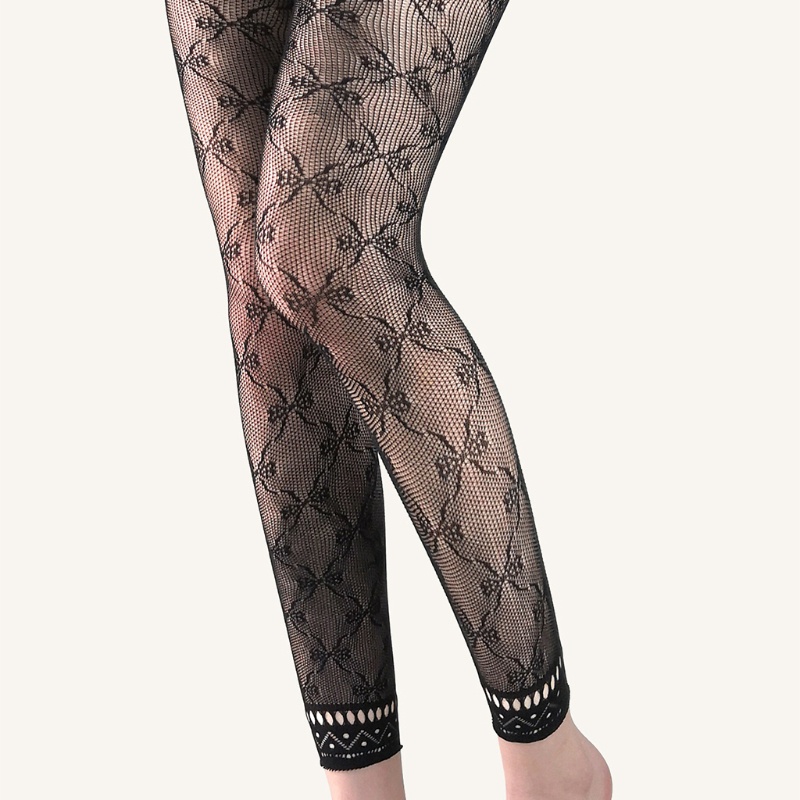 Vua Nữ Eo Fishnet Footless Legging Hoa Jacquard Họa Tiết Lưới Quần Đen Mắt Cá Chân Quần Vớ