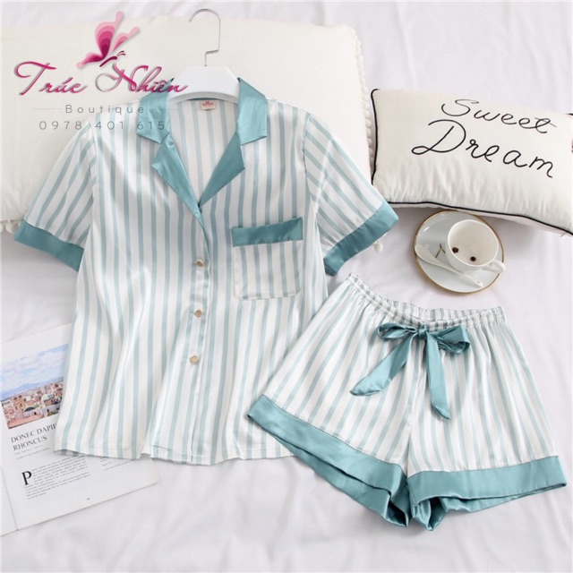 Bộ Đồ Ngủ Lụa Satin Mặc Nhà Pijama Cao Cấp Hoạ Tiết Kẻ Sọc H98 ( kèm video)
