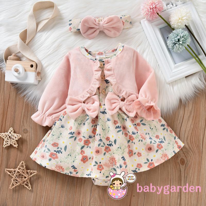 Bộ áo liền quần tay dài in họa tiết hoa + băng đô đính nơ xinh xắn cho bé gái