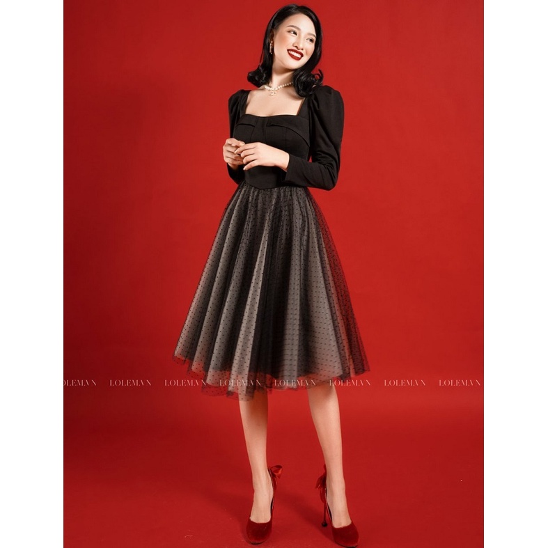 Đầm xòe LOLEM Clothing nữ cổ vuông chất umi dáng dài chân phối lưới tay dài xinh đẹp – Dx279 spe