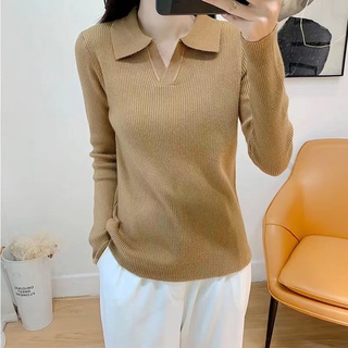 Phong Cách Hàn Quốc Nữ Nữ Thu Đông Mỏng Dệt Kim Dệt Kim Đan POLO Cổ Áo Dài Tay Áo Sơ Mi Áo Baju Baju Wanita Lengan Panjang