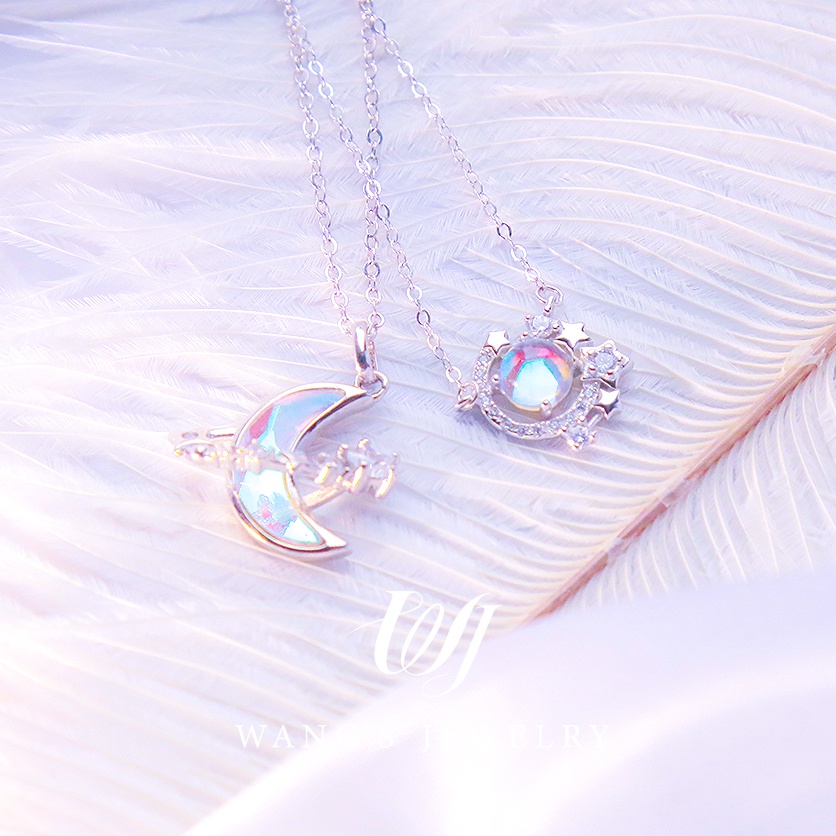[Set 2 ]Bộ Vòng cổ Bằng Bạc Sterling Mặt Trăng Khuyết Lấp Lánh Phong Cách Mới Nhất Dành Cho Gia Đình
