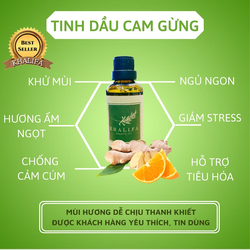 Tinh Dầu Cam Gừng Nguyên Chất Khalifa 50ml Tốt Cho Da Giảm Stress Khử Mùi Chống Say Xe Hàng Chính Hãng