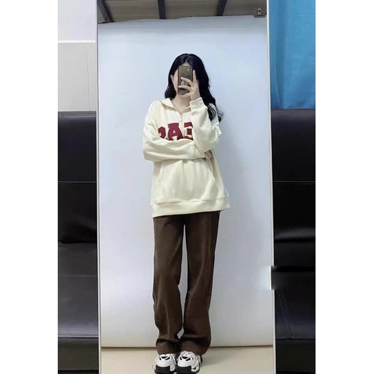 Áo Nỉ Polo Phối Khóa Cổ BEAS nam,Nữ  form rộng tay bồng màu trắng phối chữ đỏ vintage hàn quốc[FREESHIP] .