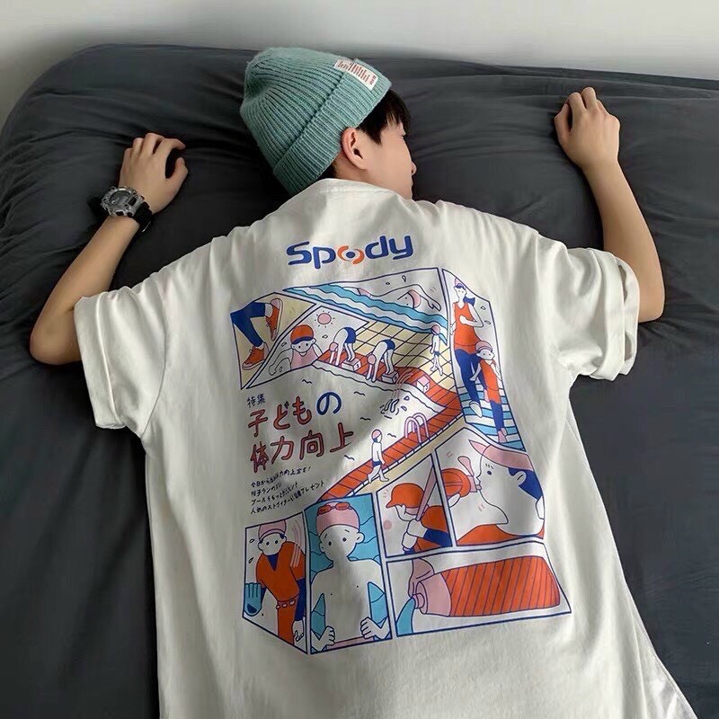 Áo thun nam tay lỡ form rộng freesize màu đen trắng xanh - spody