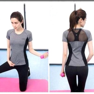 Áo thể thao cộc tay AO15 màu xám, màu đen phủ bụng phối lưới lưng tập gym,yoga...Hàng VNXK